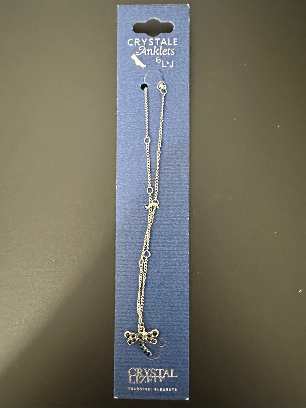 Crystale Silver Crystal Anklet by L-J - Silver w Black Stone Firefly w Swarovski